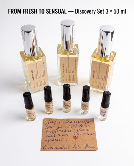 From Fresh to Sensual set: three 50 ml Julii & Aron extrait bottles, five testers and a handwritten note